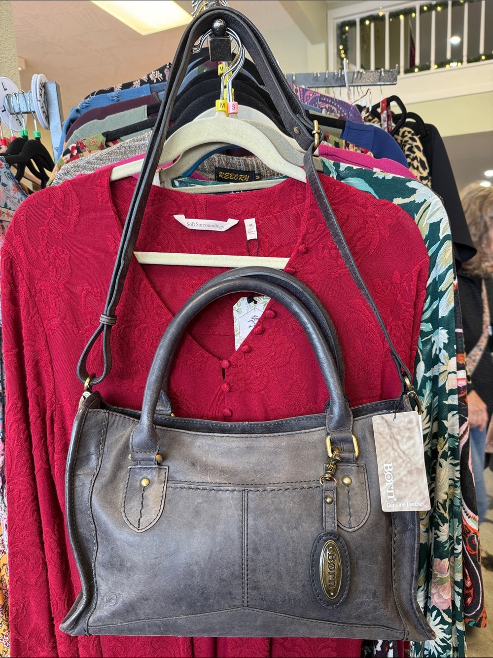 Born Distressed Gray Leather Satchel Bag with Shoulder Strap & crossbody strap